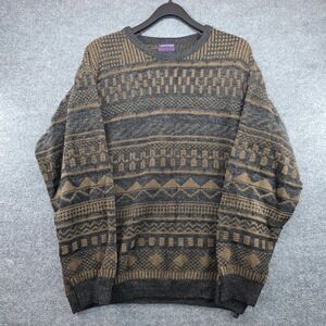 Christopher Rand Mens Vintage Geometric Knit Crewneck Sweater Brown Grey